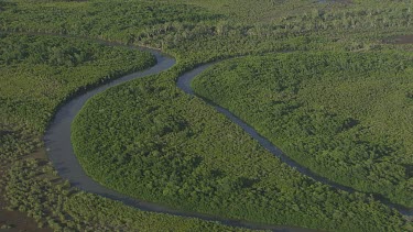 Aerial view of a winding river through a forested landscape