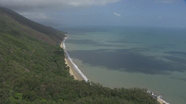 Aerial view of the ocean and a forested coast in Daintree National Park