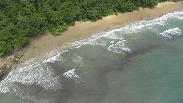 Aerial view of the ocean and a forested coast in Daintree National Park