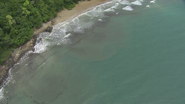 Aerial view of the ocean and a forested coast in Daintree National Park