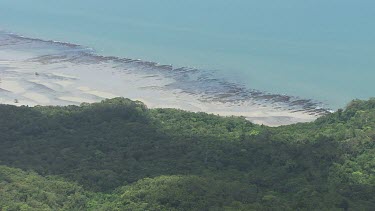 Aerial view of the ocean and a forested coast in Daintree National Park