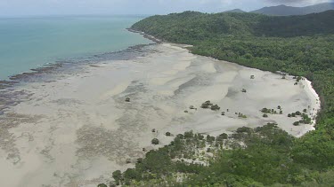 Aerial view of the beach and forested coast in Daintree National Park