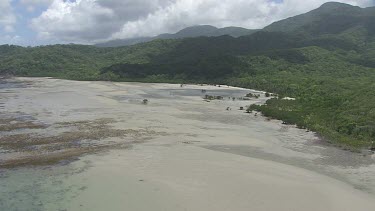 Aerial view of the beach and forested coast in Daintree National Park