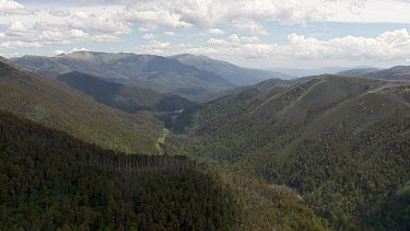 Aerial of Kosciuszko National Park - Dense forest and river landscape