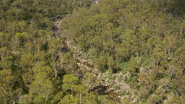 Aerial of Kosciuszko National Park -  Tracking through forest and river landcape