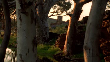 Red gums, billabong and stone ruins of house