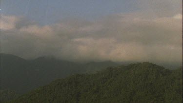 pan across the forest covered mountain side with low cloud or mist over mountains behind