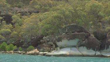 water in fg boulders on shore and forested island behind some hoop pines