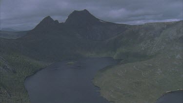 Aerial shot of Cradle Mountain with Lake Dove in foreground