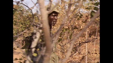 African men in military uniform walking through bush. tracking rhino