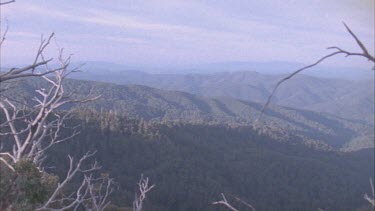 Pan of mountain to shot of men riding through forest