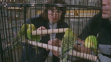 women in pet store pointing out budgies in cage two budgies perched in cage child looking at budgie through bars of a cage young girl holding blue budgie in her hand