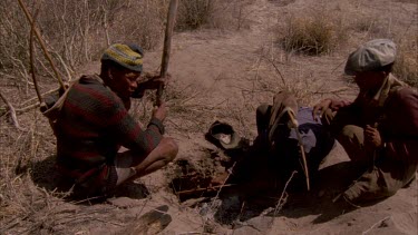 bushmen trying to dig warthog out of burrow