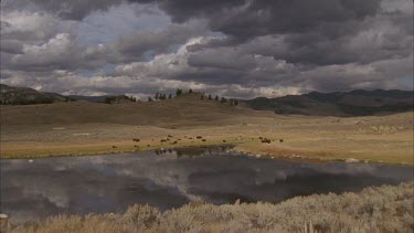 dark rain clouds over grass and small lake