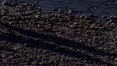 long shadows as hikers walk past pebbles at rivers edge