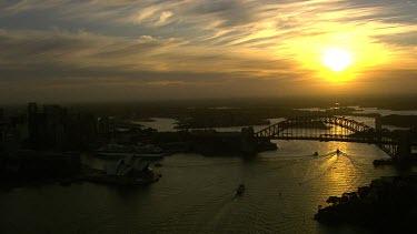 Sunset Sydney Harbour; Harbour Bridge and Opera House