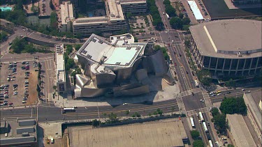 Walt Disney Concert Hall Los Angeles. Architecture, architect Frank Gehry. Deconstruction deconstructive movement, free formed curves and shapes. Parking lots