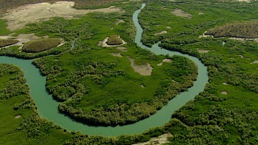 Meander river through tropical landscape.