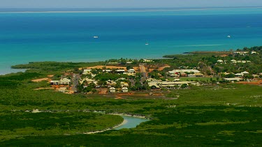 Broome town Western Australia coast and ocean in backgrouns with boats.