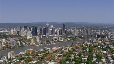 Brisbane, Queensland. Storey bridge and city with suburbs in foreground. Brisbane River.