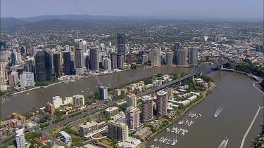 Brisbane, Queensland. Storey bridge and city with suburbs in foreground. Brisbane River.