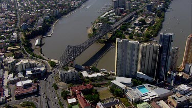 Brisbane, Queensland. Close Up over Storey bridge and city. Brisbane River.