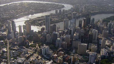 Brisbane, Queensland. Close Up over Storey bridge and city. Brisbane River. Suncorp building.