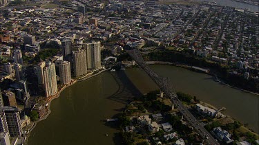 Brisbane, Queensland. Close Up over Storey bridge and city. Brisbane River.