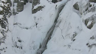 Waterfall or thawing snow water runs down steep cliff on snowy mountains. Could be warmer water that comes from inside the rock, even geothermally heated water.