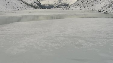 Lake with thin layer of thawing ice reflecting cold winter snow mountain range