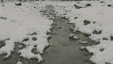 River or stream flows through valley. Cold white snow covers ocks and stream banks.