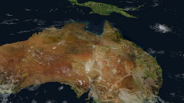 Computer Generated Image. A tropical cyclone (Larry) approaching tropical north Queensland. As if aerial shot from satellite or from space.