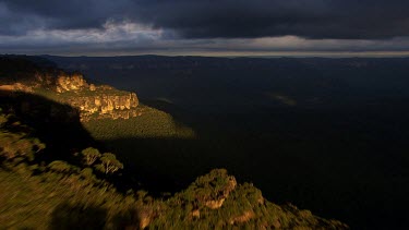 Aerial - Blue Mountains Region -The Three Sisters sandstone rock formation, one of the region's best-known attractions