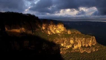 Aerial - Blue Mountains Region -The Three Sisters sandstone rock formation, one of the region's best-known attractions