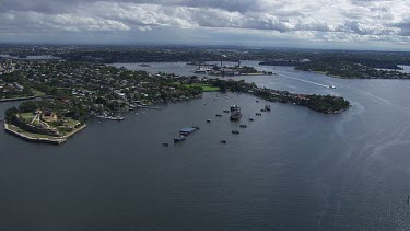 Sydney to Blue Mountains - Aerial -  Sydney-Snails Bays and Parramatta River - Parramatta Ferry returning to Sydney