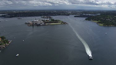 Sydney to Blue Mountains - Aerial - Sydney- Parramatta River  - Parramatta Ferry returning to Sydney