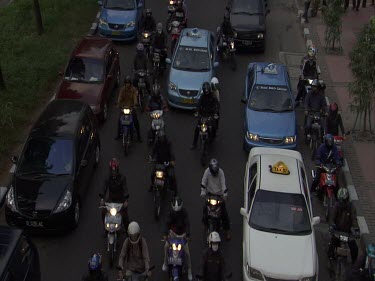 High angle Jakarta traffic motorbikes