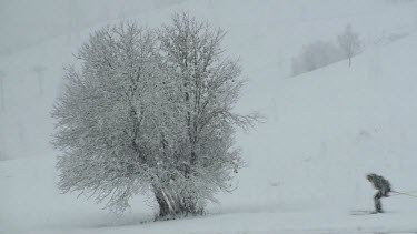 Snow falling on skiing people, a tree and a little house in the French Alps