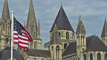 American Flag Waving in the Wind, Caen City in Normandy, Slow Motion