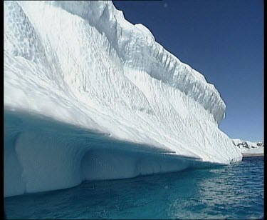 Track along iceberg, cold blue ice as sun shines through ice.