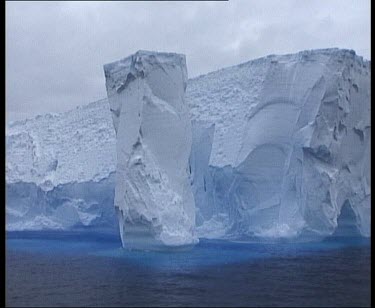 Iceberg, cold blue ice. Iceberg reflects blue in water.