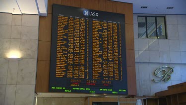 ASX Australian Stock Exchange. Board with stock movements. Digital clock keeps time in three different cities, Sydney, Singapore and Tokyo.