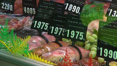 Cuts of meat, lamb, in butcher's shop window.