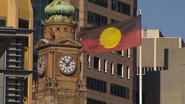 Clock Tower at Customs House, Sydney with Aboriginal flag