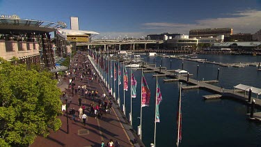 Cockle Bay wharf at Darling Harbour. Marina with berths for yachts. Bars and restaurants on left hand side.