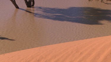 Three people fishing in tinny boat with outboard motor. They are on very shallow waters of flooded desert plain. High Angle. In foreground Big Red famous sand dune.