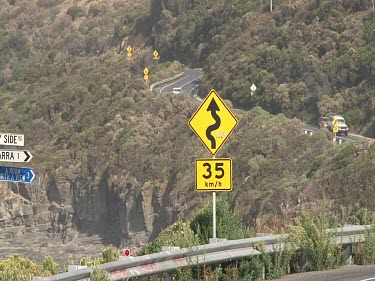 Driving on Great Ocean Road. Road signs, windy road.