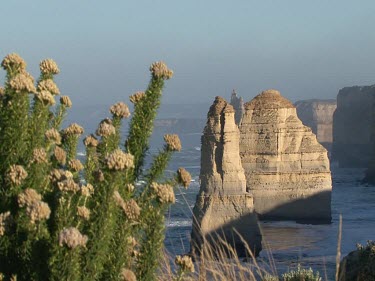 Twelve Apostles, rock stacks. Limestone eroded by wave action.