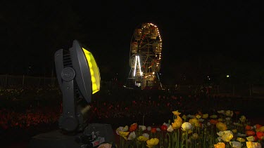 Flower show with Ferris wheel in background. Floriade in Canberra, Australia. White and red tulips in foreground. Night time