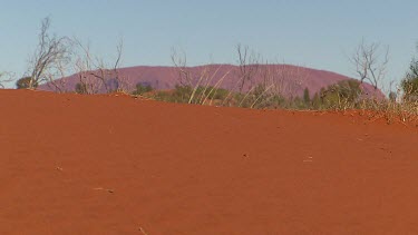 Red sand dune in foreground with Uluru in background.